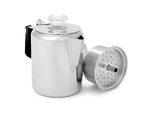 GSI Outdoors Percolator Coffee Pot I Glacier Stainless Steel with Silicone Handle for Camping, Backpacking, Travel, RV & Hunting - Stove Safe - 6 Cup