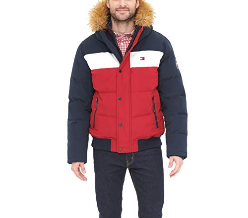 Tommy Hilfiger Men's Arctic Cloth Quilted Snorkel Bomber Jacket, Navy/White/Red, Medium