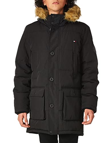 Tommy Hilfiger mens Arctic Cloth Full Length Quilted Snorkel Jacket Down Alternative Outerwear Coat, Black, Large US