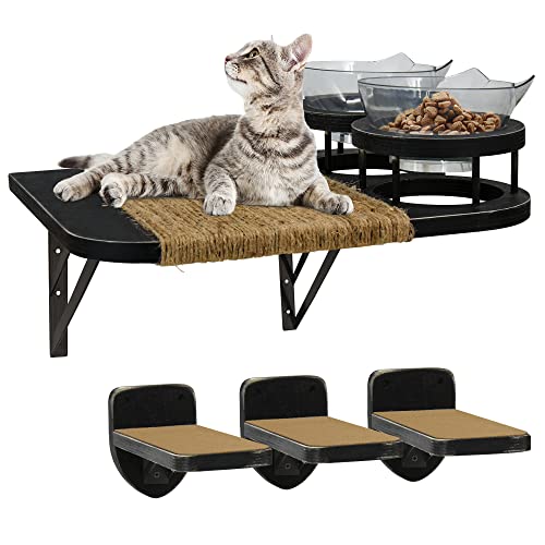 Cat Hammock Cat Wall Shelves with 3 Steps, Cat Shelves and Perches with 2 Cat Food Shelf, Cat Climbing Shelf Cat Scratching Post Cat Wall Shelf for Indoor, Cat Steps with Plush Covered, Gift for Cat