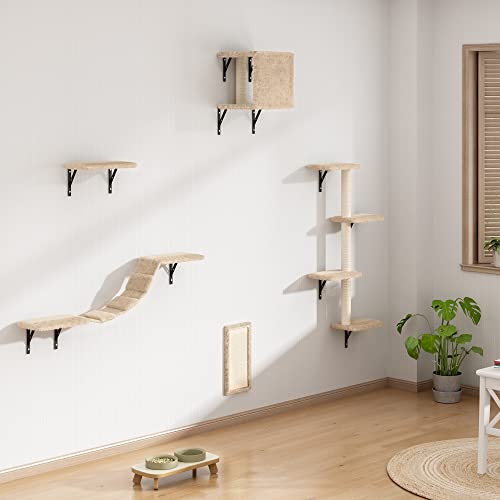 COZIWOW 5 Pcs Wall-Mounted Cat Climber Set, Wood Indoor Cat Furniture with Cat Shelves and Perches, Ladder, Cat Condo House, Scratching Board and Cat Tree, Cat Wall Shelves Furniture, Beige