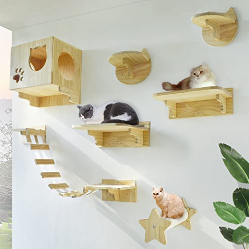 La La Pet Wall Mounted Cat Furniture Wooden Cat Shelves and Perches for Wall Cat Steps Ladder Cat Bed Activity Tree Cat Climbing Structure Modern Cat Lounger Climber Set of 9