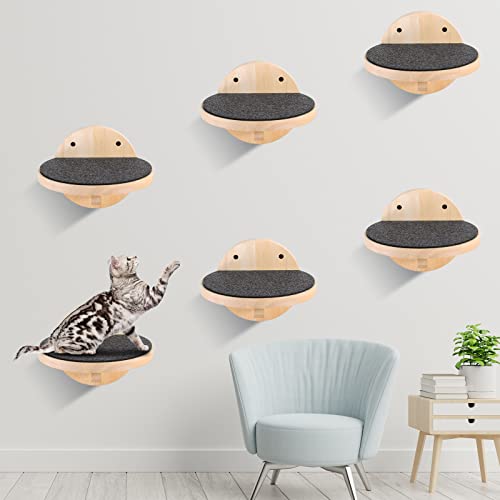 6 Pcs Cat Wall Mounted Shelves, Cat Wall Furniture with Scratching Non Slip Felt, Cat Wall Shelves Climbing Steps, Thick Secure Solid Wood Floating Wall Shelf for Sleeping Playing Lounging