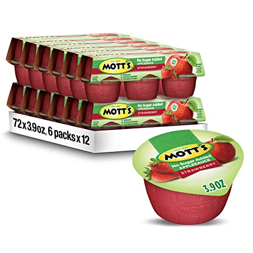 Mott's Unsweetened Strawberry Applesauce, 3.9 oz cups, 6 Count (Pack of 12)