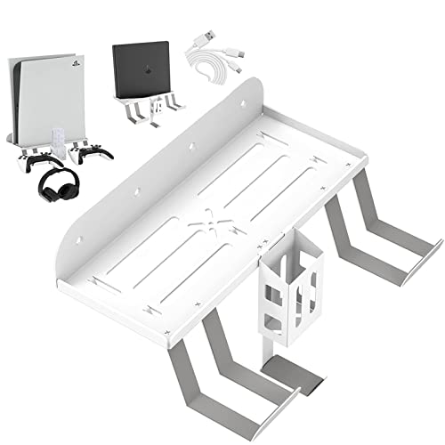 BELOPERA PS5/PS4 Wall Mount kit, 6-in-1 PS5 (Disc and Digital) Metal Wall Mount Stand with 2 Detachable Controller Hanging Bracket/Headset Hanger/Remote Box/Charging Cable  White