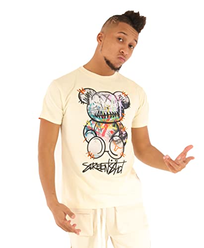 SCREENSHOT-S11303 Mens Hip-Hop NYC Streetwear Ultra Premium Quality Tee - Urban Varsity Graffiti Big Head Bear Patch Embroidery Gel Print T-Shirt-Cream-Small