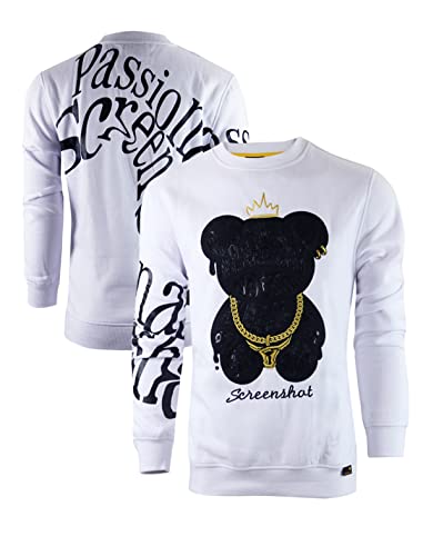 SCREENSHOT-F11222 Mens Urban Hip Hop Premium Streetwear Fleece Top - Big Head Shadow Teddy Bear Patch Embroidery Gel Print Crew Neck Pullover Sweatshirt-White-Small