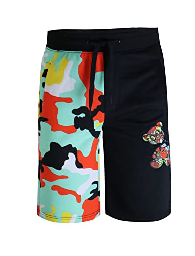 SCREENSHOT-SP1166 Mens Streetwear Premium Classic Fit Urban Fleece Shorts - Half Color Block Pattern Bear Animation Fashion SweatShorts-Black/Camo-Medium
