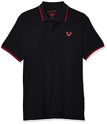 True Religion Men's Crafted with Pride Polo, Black with red Piping, XL