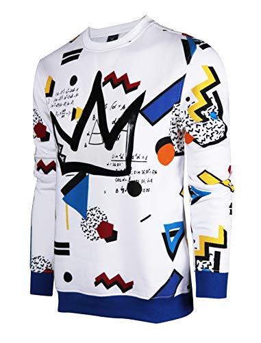 SCREENSHOTBRAND-F11963 Mens Urban Hip Hop Premium Fleece - Pullover Activewear Street Fashion Crew Neack Sweatshirt-White/Pop-Medium