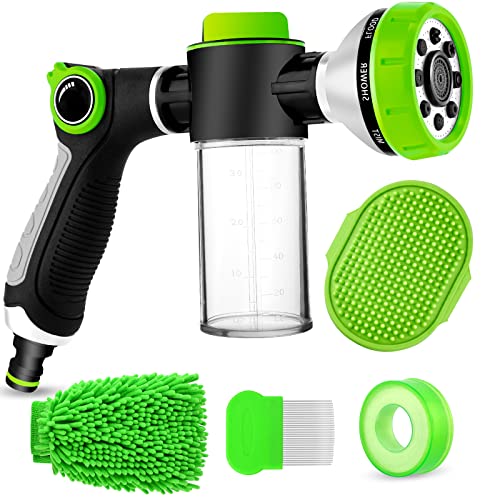 Upgrade Pup Jet Dog Wash, 8 in 1 Dog Wash Hose Attachment with Soap Dispenser, Dog Bath Hose Attachment with Pet Bath Brush Car Wash Mitt and Dog Comb for Watering Plants, Lawn, Showering Pet(Green)