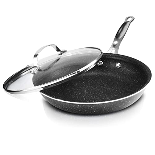 Granitestone Nonstick Fry Pan with Lid, 12-inch Skillet with Glass Cover, Dishwasher Safe, Warp Free and Stay Cool Handles, Black