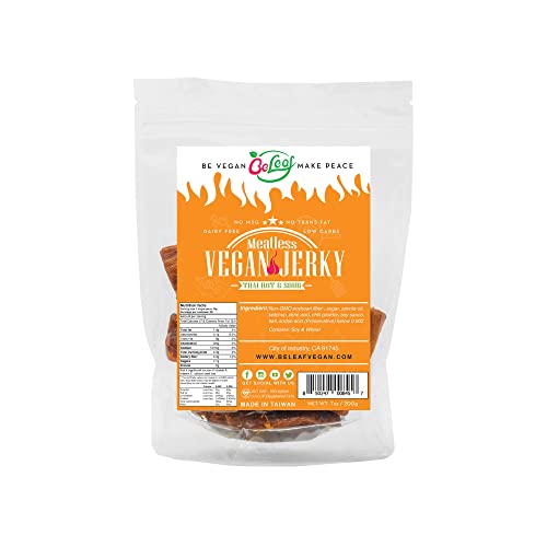 BELEAF Thai Hot & Sour Vegan Jerky | Thai Spicy Sour Plant-Based Jerky | Delicious Meat Substitute | Low Carb, Non-GMO, Dairy Free, Plant Protein | Natural Ingredients | Bold Healthy Snack | 7 oz