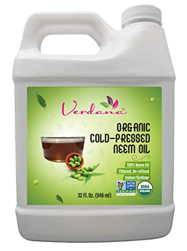 Verdana Organic Cold Pressed Neem Oil for Plants - 32 Fl. Oz - Non GMO - Unrefined, Filtered - High Azadirachtin - Pure Neem Oil, Nothing Added or Removed - Leafshine Spray, Pet Care, Skin & Hair Care