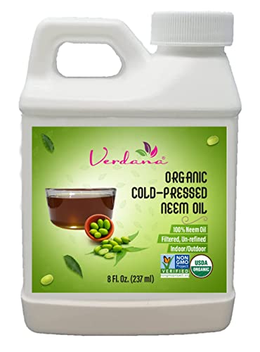 Verdana Organic Cold Pressed Neem Oil for Plants - 8 Fl. Oz - Non GMO - Unrefined, Filtered - High Azadirachtin - Pure Neem Oil, Nothing Added or Removed - Leafshine Spray, Pet Care, Skin & Hair Care