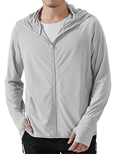 Locachy Men's UPF 50+ Sun Protection Outdoor Lightweight Full Zip Hoodie Jacket Long Sleeve Fishing Hiking Performance Shirt Light Grey L