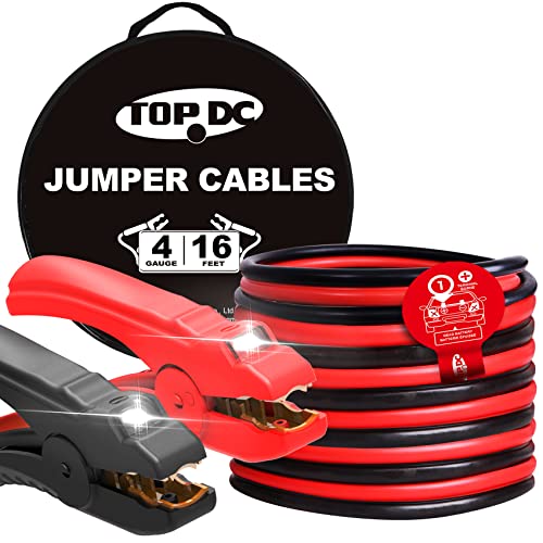 TOPDC 4 Gauge 16 Feet Jumper Cables with LED Light for Car, SUV and Trucks Battery, Heavy Duty Automotive Booster Cables for Jump Starting Dead or Weak Batteries with Carry Bag