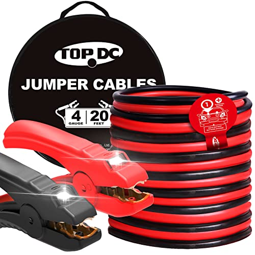 TOPDC 4 Gauge 20 Feet Jumper Cables with LED Light for Car, SUV and Trucks Battery, Heavy Duty Automotive Booster Cables for Jump Starting Dead or Weak Batteries with Carry Bag