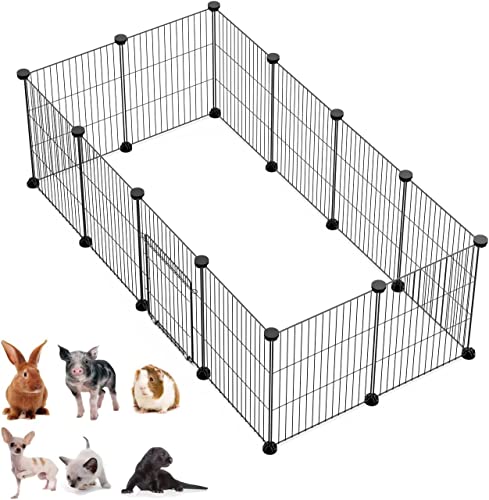 LANGXUN DIY Small Animal Playpen, Pet Playpen with Door, Rabbit Cage, Guinea Pig Cages, Puppy Playpen, Kitten Playpen | Indoor & Outdoor Portable Metal Wire Yard Fence, 12pcs Metal Pet Panels