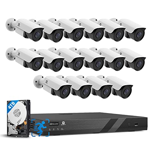 GWSECU 4K 16 Channel PoE Home Security Camera System, 4K/8MP Video Surveillance NVR with 4TB HDD, 16PCs 5MP 2.8mm 110 Wide Angle Person Detection IP Bullet Cameras Business 24/7 Audio Recording