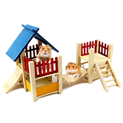 kathson Natural Wooden Hamster Playground Gerbils Houses Hideouts Activity Climbing Ladder Platform for Small Animals, Dwarf Mice, Gerbil