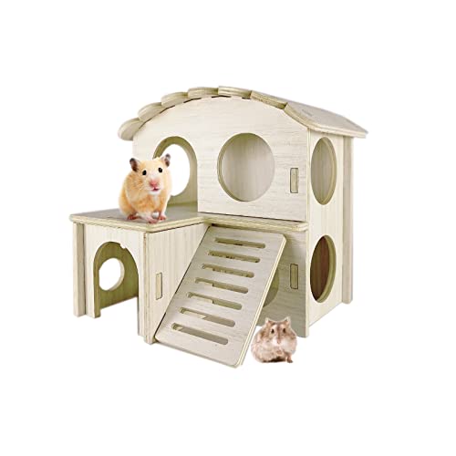 Sirvarni Hamster Hideout Cage Accessories - Hamster House and Habitat Wooden Hide with Climbing Ladder and Platform Playground Toys Chews for Dwarf Syrian and Mouse etc.