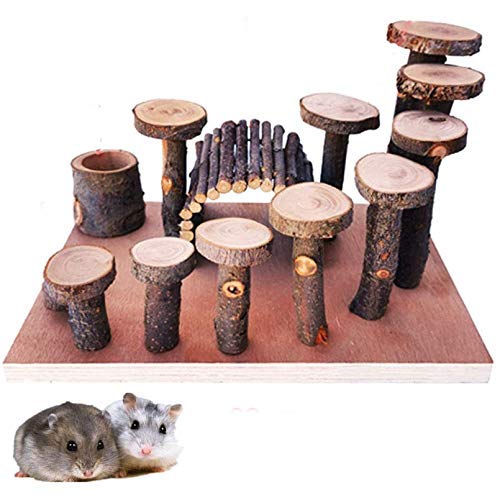 Hamiledyi Hamster Natural Living Climb System Rat Playground Activity Set Platform with Wood Bridge/Food Bowl/Tunnel/Ladders Play Toys Natural Hideout for Mouse,Gerbil, Small Animals