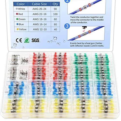 350 Pcs Solder Seal Wire Connectors Heat Shrink Butt Connectors Kit Marine Waterproof Wiring Electrical Cable Splice Terminals for Boat Automotive RV Trailer