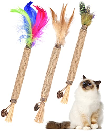 Silvervine Cat Chew Sticks with Real Feather, TINDTOP Natural Catnip Chew Toys for Kittens Teeth Cleaning, Matatabi Dental Care, Calm Cat Anxiety and Stress, Aggressive Chewers Cat Dental Toy (3 Pack)