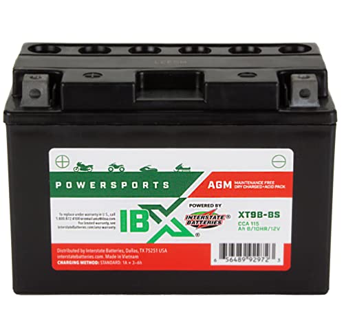 Interstate Batteries YT9B-BS 12V 8Ah Powersports Battery (XT9B-BS) IBX Rechargeable AGM Replacement Battery for Yamaha ATV, Motorcycle, Bike, Scooter (700 Raptor, 600 R6S, YZF-R6, YZF-R7, 400 Majesty)