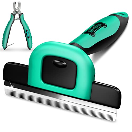 Ruff 'N Ruffus Deshedding Brush for Dogs & Cats - Reduces Shedding by up to 95% with Detachable Head & Non-Slip Grip, Comes with Free Nail Clippers, Suitable for All Breeds