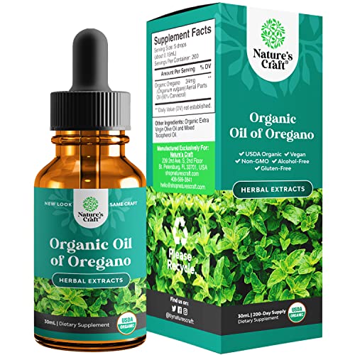 Natures Craft Oregano Oil Organic Liquid Drops for Adults and Kids - Super Concentrated USDA Organic Oil of Oregano Drops for Immune Support and Digestive Health - Vegan Non GMO 100% Pure