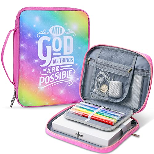 Pink Dino Bible Covers for Women Girls, Large Bible Case with Multiple Zippered Pocket Bible Carrying Bag with Removable Pen Slots for Bible Study,Rainbow