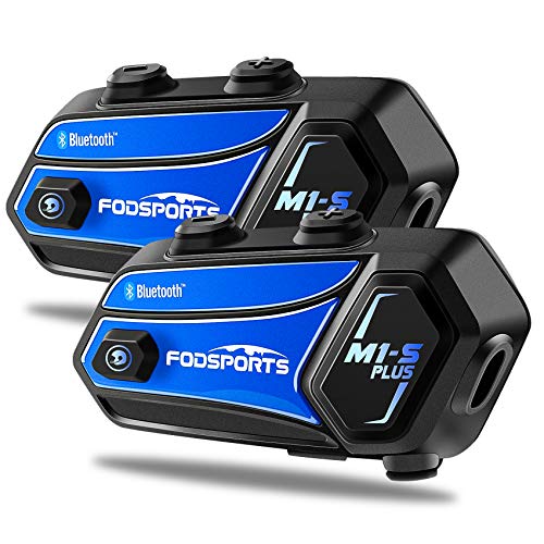 FODSPORTS M1-S Plus Motorcycle Bluetooth Headset with Music Sharing, One-Click Pairing, Microphone Mute, FM, Helmet Intercom up to 8 Riders with Noise Cancellation, Wonderful Sound, Blue, 2 Pack
