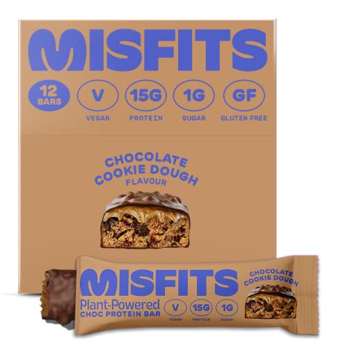 Misfits Vegan Protein Bar, Cookie Dough, Plant Based Chocolate Protein Bars, High Protein Snacks with 15g Per Bar, Low Sugar, Low Carb, Gluten Free, Dairy Free, High Fiber, Non GMO, 6 Flavor 12 Pack