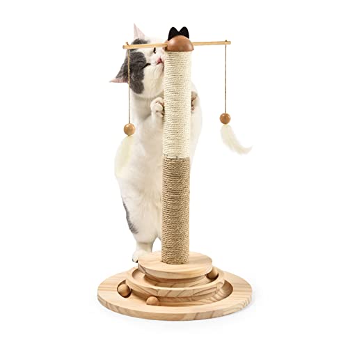 Yokee Cat Scratching Post for Indoor Cats Feather Toy Stable Wooden Two-Layer Cat Turntable with Interactive Balls and Dangling Ball Interactive Cat Toys Kitten Cat Scratcher