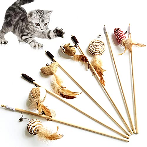 Artshu 6pcs/lot 40cm Pet Cat Teaser Toys Feather Linen Wand Cat Catcher Teaser Stick Cat Interactive Toys Wood Rod Mouse Toy with Mini Bell