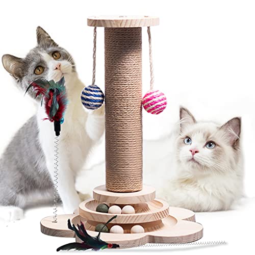 Cat Toy 11.5x18 inch Multiple Stage Interactive Cat Toy 2 Tier Cat Ball Track with Feather, Natural Sisal and Wood Durable Sisal Cat Scratching Toy DIY Fun Toy for Kitten Mental Physical Exercise