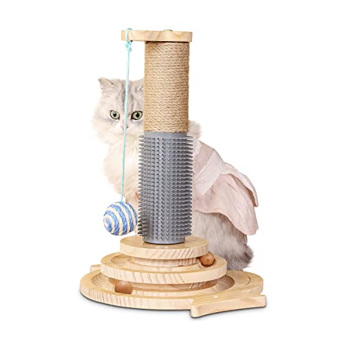 Cat Scratching Post, Bamboo Cat Scratcher Interactive Toy Ball Track, Two-Layer Turntable and Premium Sisal Cat Scratch Grooming Brush for Indoor Cats