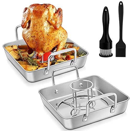 Square Roasting Pan with Beer Can Chicken Holder, Joyfair 9-in Stainless Steel Roaster Baking Pans & Racks for BBQ Grilling/Home Cooking, Heavy Duty & Dishwasher Safe - (2 Pans + 2 Racks, More Tools)