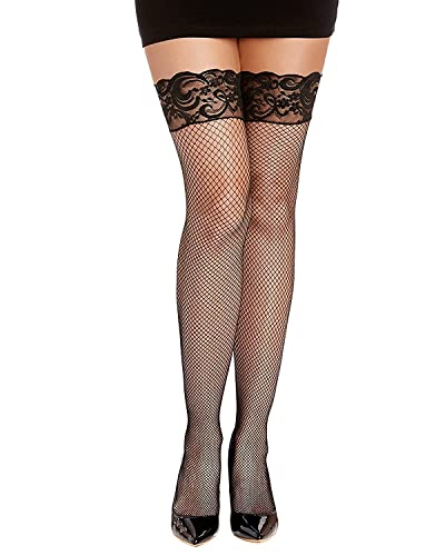 Dreamgirl Womens Fishnet Thigh High Stockings with Silicone Lace Top and Back Seam