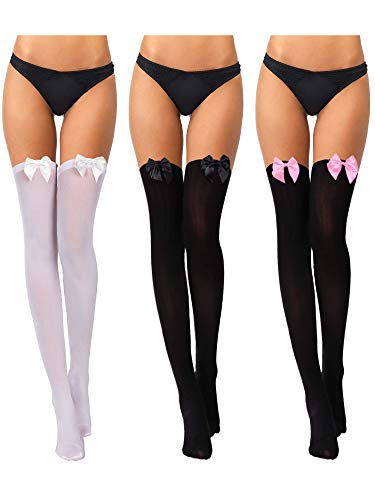 3 Pairs Women Bow Lace Over The Knee Stockings Thigh High Socks for Halloween Valentine's Day Dress Daily Favors (Black with Black Bow, Black with Pink Bow, White with White Bow)