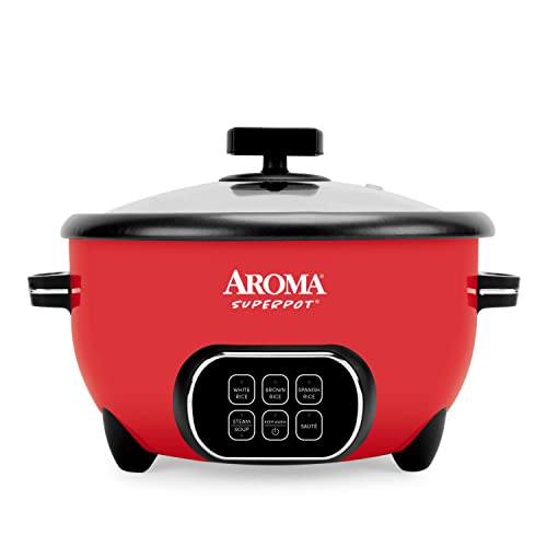 AROMA 20-Cup (Cooked) Super Pot Rice & Grain Cooker, Food Steamer & Multicooker with Saut, Soup, and Spanish Rice Functions, Automatic Keep Warm Mode, Steam Rack Included, Red(ARC-1021DR)