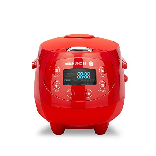 Reishunger Digital Mini Rice Cooker & Steamer, Red with Keep-Warm Function & Timer - 3.5 Cups - Small Rice Cooker Japanese Style with Ceramic Inner Pot - 8 Programs - 1-3 People