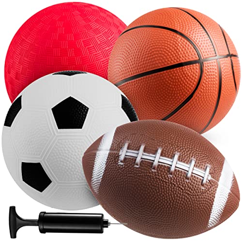 Sports Balls with Hand Pump for Kids - (Pack of 4) 6-Inch Diameter Rubber Sport Ball Toy Set Includes Football, Soccer Ball, Basketball and Playground for Fun Outdoors and Backyard