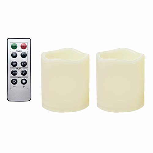 2 Waterproof Outdoor Battery Operated Flameless LED Pillar Candles with Remote Flickering Plastic Electric Decorative Light Set for Home Dcor Garden Patio Decoration Party Wedding Supplies 3x3 Inches