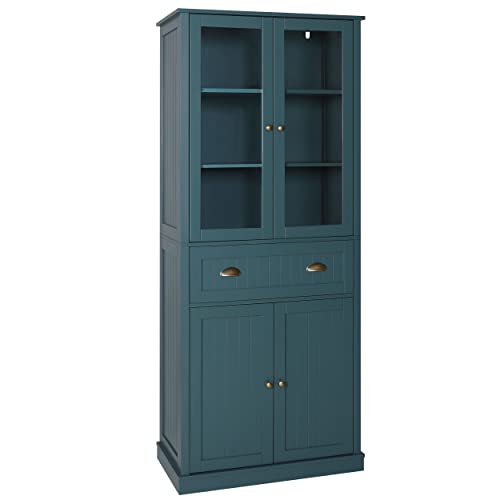 MUPATER Kitchen Cabinet Pantry Cupboard Storage with Drawer, 72'' Freestanding Kitchen Hutch Buffet with Glass Doors and 3 Adjustable Shelves for Home Office, Blue