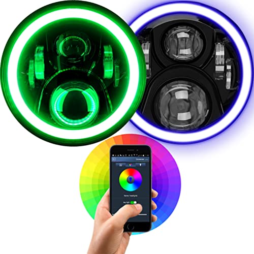 Aukmak 7 inch LED Headlights RGB Halo Ring Angel Eyes 7 Round Multicolor DRL Bluetooth Remote Control for Jeep Wrangler JK LJ CJ Sahara Sport Rubicon Headlamp 1997~2017