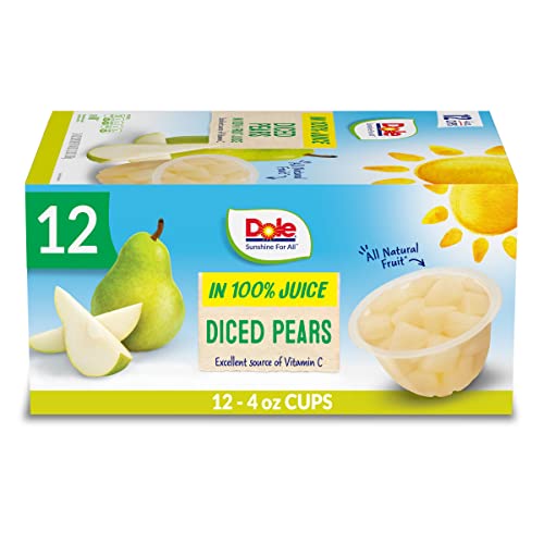 Dole Diced Pears in 100% Fruit Juice, Gluten Free Healthy Snack, 4 Oz Fruit Bowls, 12 Cups