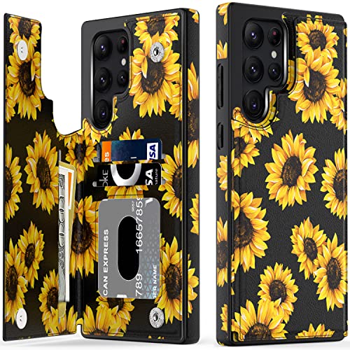 LETO Galaxy S22 Ultra Case,Flip Folio Leather Wallet Case Cover with Fashion Designs for Girls Women,Card Slots Kickstand Phone Case for Samsung Galaxy S22 Ultra 6.8" Blooming Sunflowers